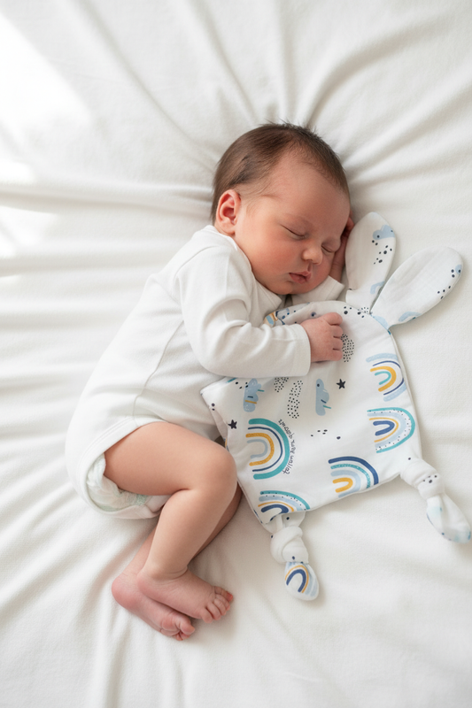 Bebé durmiendo con dou dou arcoíris azul