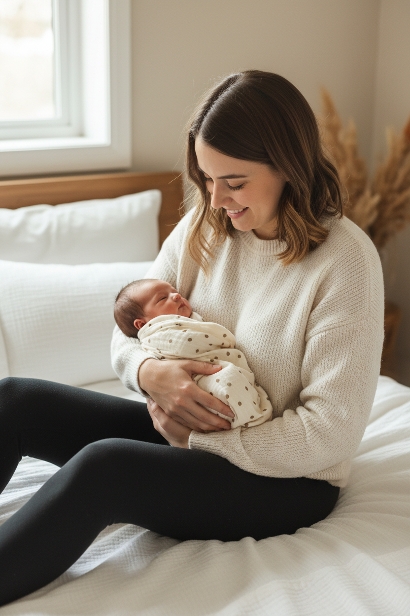 Crema puntos beige - mamá en cama con bebé
